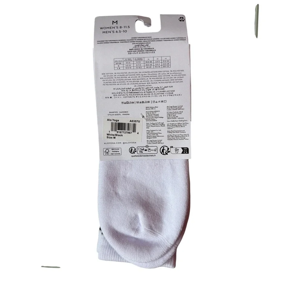 Alo Yoga Unisex Throwback Sock White Black Ribbed Crew Socks A0357U Size‎ M